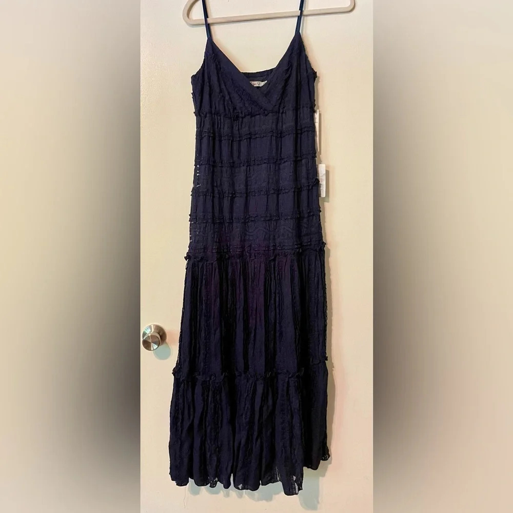 Eliza J Navy Blue Tiered Lace Maxi Dress Adjustable Straps Fully Lined S…